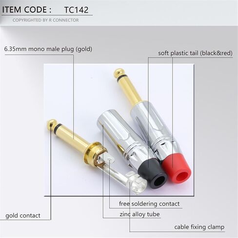 100PCS Mono 6.35MM Jack 6.3MM Male Plug Soldering Wire Connector Brass 1/4 Inch Microphone Plug(50xBlack 50xRed) in Saudi Arabia