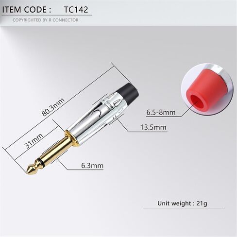 100PCS Mono 6.35MM Jack 6.3MM Male Plug Soldering Wire Connector Brass 1/4 Inch Microphone Plug(50xBlack 50xRed) in Saudi Arabia
