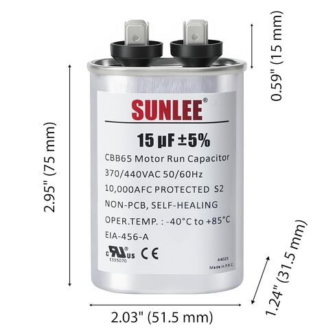 SUNLEE UL معترف به 15 فائق التوهج (15 MFD) 370/440 VAC CBB65 مكثف تشغيل بيضاوي، 50/60 هرتز، بديل موثوق لمحرك مروحة مكثف التيار المتردد، المضخة الحرارية أو مضخة حمام السباحة in Kuwait