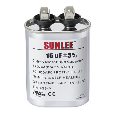 SUNLEE UL معترف به 15 فائق التوهج (15 MFD) 370/440 VAC CBB65 مكثف تشغيل بيضاوي، 50/60 هرتز، بديل موثوق لمحرك مروحة مكثف التيار المتردد، المضخة الحرارية أو مضخة حمام السباحة in Kuwait