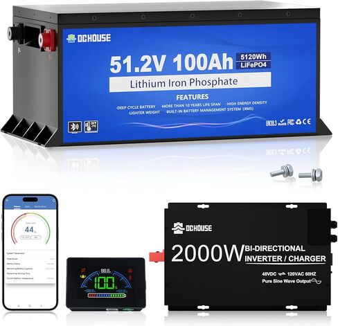 حافظة معدنية من DC HOUSE بقدرة 48 فولت 100 أمبير في الساعة، بطارية ليثيوم لعربة الجولف، بطارية 200 أمبير BMS Lifepo4 مع عاكس 2000 واط 2 في 1 وشاحن بطارية 48 فولت 25 أمبير، تطبيق بلوتوث للهاتف المحمول وشاشة LCD، تيار الذروة 700 أمبير in Kuwait