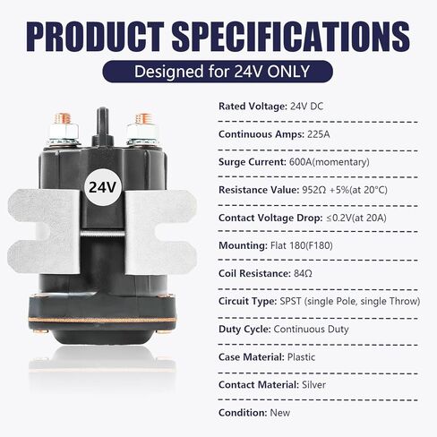 24V Continuous Duty Solenoid Relay, 4 Terminal Heavy Duty Starter Solenoid Switch, 200A–225A Rated / 600A Surge, Replaces Trombetta 114-2411-020, for Forklift, Generator, RV, Construction Equipment in Saudi Arabia