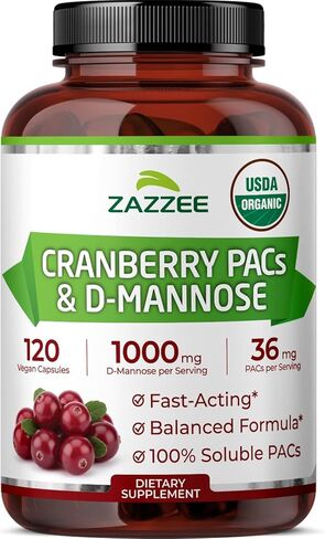Zazzee USDA Organic Cranberry PACs & D-Mannose، 36 مجم PACs لكل وجبة، 1000 مجم D-Mannose لكل وجبة، 120 كبسولة نباتية، كمية تكفي لمدة شهرين، دعم المسالك البولية والمثانة، غير معدل وراثيًا، صنع في الولايات المتحدة الأمريكية in Saudi Arabia