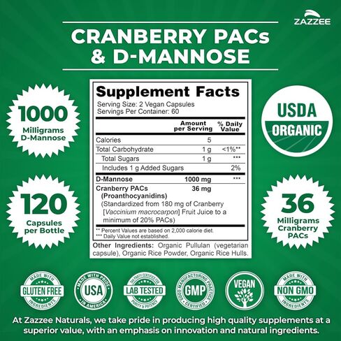 Zazzee USDA Organic Cranberry PACs & D-Mannose، 36 مجم PACs لكل وجبة، 1000 مجم D-Mannose لكل وجبة، 120 كبسولة نباتية، كمية تكفي لمدة شهرين، دعم المسالك البولية والمثانة، غير معدل وراثيًا، صنع في الولايات المتحدة الأمريكية in Saudi Arabia
