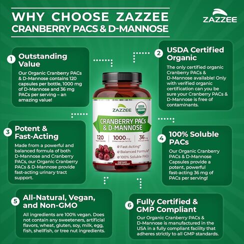 Zazzee USDA Organic Cranberry PACs & D-Mannose، 36 مجم PACs لكل وجبة، 1000 مجم D-Mannose لكل وجبة، 120 كبسولة نباتية، كمية تكفي لمدة شهرين، دعم المسالك البولية والمثانة، غير معدل وراثيًا، صنع في الولايات المتحدة الأمريكية in Saudi Arabia