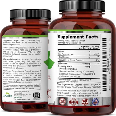 Zazzee USDA Organic Cranberry PACs & D-Mannose، 36 مجم PACs لكل وجبة، 1000 مجم D-Mannose لكل وجبة، 120 كبسولة نباتية، كمية تكفي لمدة شهرين، دعم المسالك البولية والمثانة، غير معدل وراثيًا، صنع في الولايات المتحدة الأمريكية in Saudi Arabia
