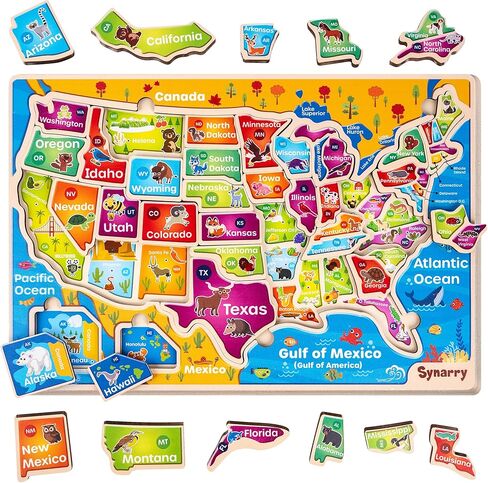 SYNARRY Large USA World Solar System Wooden Puzzles for Kids Ages 4-6, Wood Jigsaw Puzzles Educational Games Toys Gifts for Toddlers, Learning United States World Space Maps for Boys Girls Ages 3-8 in Saudi Arabia