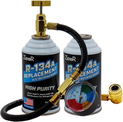 طقم إعادة شحن ZeroR AC R134a - غاز تبريد صديق للبيئة مع أداة خرطوم شحن مقاس 24 بوصة لعلب SSV، عبوتان in Kuwait