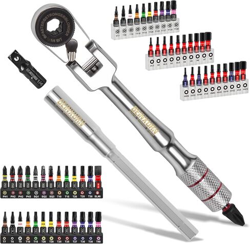 مجموعة مفاتيح ربط بسقاطة بمقبض على شكل حرف T برأس مرن 180 درجة من Geinxurn، 72 سنًا 1/4 بوصة سقاطة قابلة للعكس مع شريط تمديد، محول مقبس و1 بوصة لقم مفك تأثير (فيليبس/توركس/سداسي) للاستخدام بنفسك in Kuwait