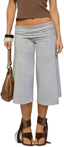 Juakoso Women Fold Over Capri Pants Low Rise Wide Leg Gaucho Pants Summer Casual Cropped Yoga Culottes Pajama Bottoms in Saudi Arabia