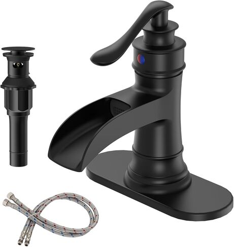 BWE Matte Black Bathroom Faucet, Waterfall Bathroom Faucet Sink Lavatory Single Hole Faucets One Handle Bath Antique with Brass Pop Up Drain Stopper Mixer Tap Overflow Water Supply Line in Saudi Arabia