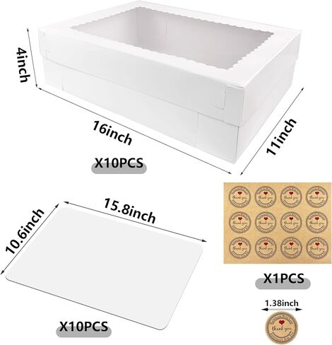 MUMULULU 10PCS White Rectangular Cake Boxes with Cake Boards 16x11x4inch Large Bakery Boxes for Sheet Cakes Cupcakes Cookies Pastries Bento Cake Box Cake Carrier for Birthday Wedding Party Holidays in Kuwait