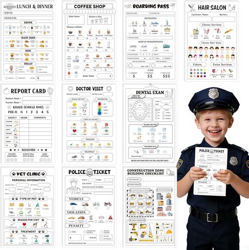 دفاتر ملاحظات TICIAGA Kids Pretend Play - 10 قطع مقاس 4 × 6 بوصات تتضمن لوحة وقت لعب للشرطة في مطعم وطبيب بيطري لزيارة مقهى وصالون مفكرة 30 صفحة دفتر ملاحظات للتظاهر بدور خيالي للأطفال الصغار في اللعب in Kuwait