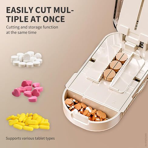 مقسم حبوب منع الحمل من ONTERATE للحبوب الصغيرة والكبيرة، مقسم حبوب قابل للتعديل مع شفرة أمان مخفية من الفولاذ المقاوم للصدأ، قاطع فيتامين للسفر إلى 1/2 (كريمي) in Kuwait