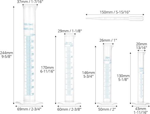 QWORK Measuring Cylinder Set - Graduated Polypropylene Cylinders with Droppers, 100 ml, 50 ml, 25 ml,10 ml Sizes, for Laboratory in Saudi Arabia