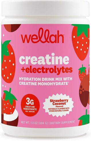 Wellah Creatine + مسحوق الإلكتروليتات (الفراولة وجوز الهند) 30 حصة - مزيج مشروب الترطيب مع 3 جرام من الكرياتين مونوهيدرات in Kuwait