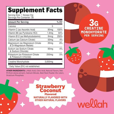 Wellah Creatine + مسحوق الإلكتروليتات (الفراولة وجوز الهند) 30 حصة - مزيج مشروب الترطيب مع 3 جرام من الكرياتين مونوهيدرات in Kuwait