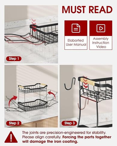 Fruit Basket for Kitchen Counter - 2 Tier Detachable Fruit Vegetable Basket with Banana Hanger, Metal Countertop Fruit Stand with Wooden Handle, Black,7.3" D x 11.2" W x 10.3" H in Saudi Arabia