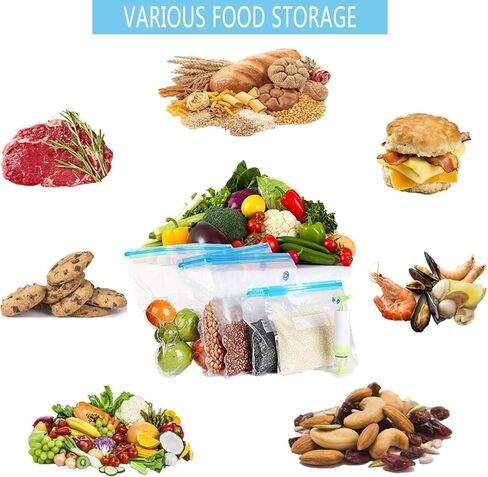 Vacuum Food Storage Bags Airtight Reusable Zipper Bags Hand Crank Air Pump Sealing Clip for Refrigerator Kitchen Organization, Transparent in Saudi Arabia