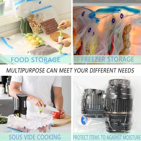 Vacuum Food Storage Bags Airtight Reusable Zipper Bags Hand Crank Air Pump Sealing Clip for Refrigerator Kitchen Organization, Transparent in Saudi Arabia