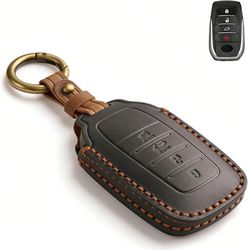 QBUC for Toyota Tundra Genuine Leather Key Fob Cover, 4 Button Key Holder Protector for Toyota 2021-2025 Land Cruiser Venza RAV4 Corolla Sequoia Sienna Crown Tacoma TRD Corolla SE Camry XSE(Black) in Saudi Arabia