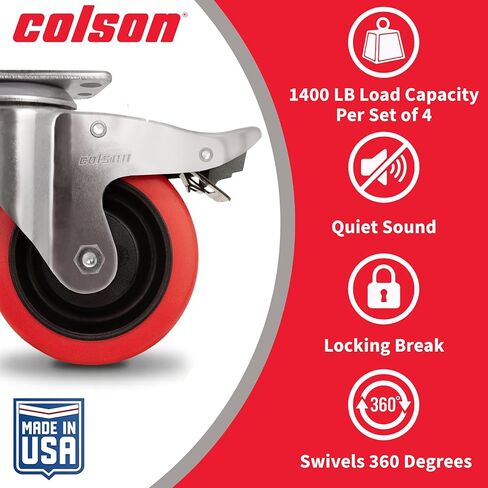 Colson 4 in. Red Polyurethane and Steel Swivel Caster, Total Locking Brake, 350 lb. Load Capacity, Made in the USA in Saudi Arabia