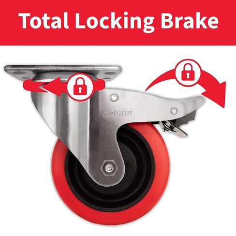 Colson 4 in. Red Polyurethane and Steel Swivel Caster, Total Locking Brake, 350 lb. Load Capacity, Made in the USA in Saudi Arabia