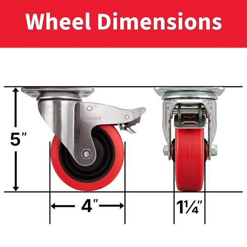 Colson 4 in. Red Polyurethane and Steel Swivel Caster, Total Locking Brake, 350 lb. Load Capacity, Made in the USA in Saudi Arabia