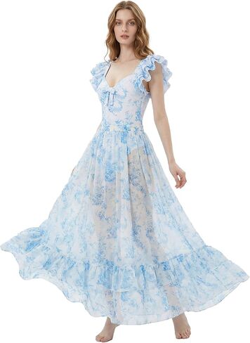 daizbella Women One Piece Swimsuits 90'S Vintage Flared Sleeves Floral Tummy Control Bathing Suit with Chiffon Cover-up Skirt in Saudi Arabia