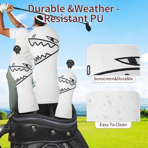 Vesperlux Funny Shark Golf Headcovers for Driver Fairway Wood Hybrid UT & Alignment Stick - White Black Cartoon Animal Club Covers with Plush Lining in Saudi Arabia