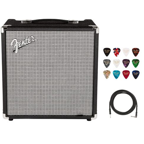 حزمة مضخم صوت جهير Fender Rumble 25 V3 مع اختيارات جيتار السيليلويد الكلاسيكية (12 حزمة) كابل أدوات سلسلة Pro بطول 10 أقدام STR/ANG in Saudi Arabia