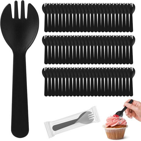 100Pcs Mini Plastic Spork, 4.2 Inch Individually Wrapped Disposable Cutlery, Small Black Fork Spoon Combo for Desserts, Ice Cream, Cakes, Appetizer, To-Go & Party Use in Saudi Arabia