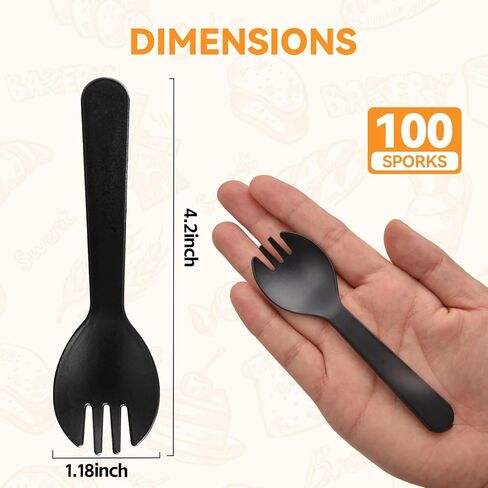 100Pcs Mini Plastic Spork, 4.2 Inch Individually Wrapped Disposable Cutlery, Small Black Fork Spoon Combo for Desserts, Ice Cream, Cakes, Appetizer, To-Go & Party Use in Saudi Arabia