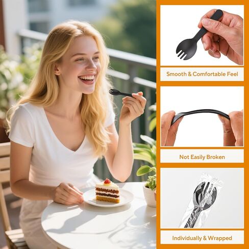 100Pcs Mini Plastic Spork, 4.2 Inch Individually Wrapped Disposable Cutlery, Small Black Fork Spoon Combo for Desserts, Ice Cream, Cakes, Appetizer, To-Go & Party Use in Saudi Arabia
