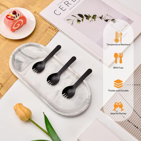 100Pcs Mini Plastic Spork, 4.2 Inch Individually Wrapped Disposable Cutlery, Small Black Fork Spoon Combo for Desserts, Ice Cream, Cakes, Appetizer, To-Go & Party Use in Saudi Arabia