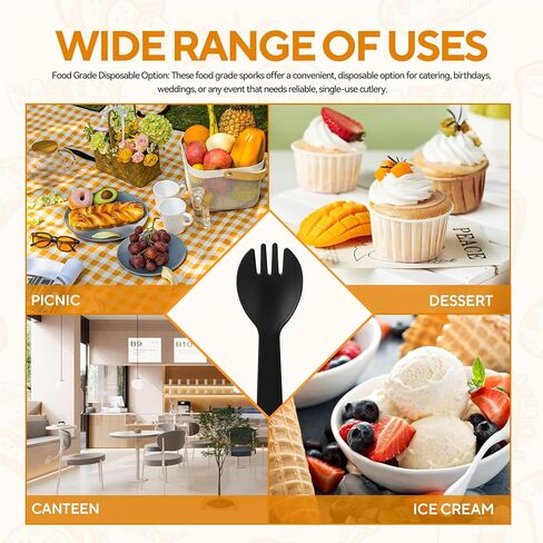 100Pcs Mini Plastic Spork, 4.2 Inch Individually Wrapped Disposable Cutlery, Small Black Fork Spoon Combo for Desserts, Ice Cream, Cakes, Appetizer, To-Go & Party Use in Saudi Arabia