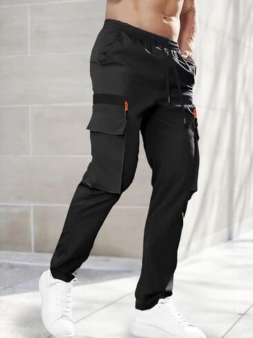 Mens Cargo Pants Elastic Waist Drawstring Casual Hiking Pants Lightweight Outdoor Work Pants with Pockets in Saudi Arabia