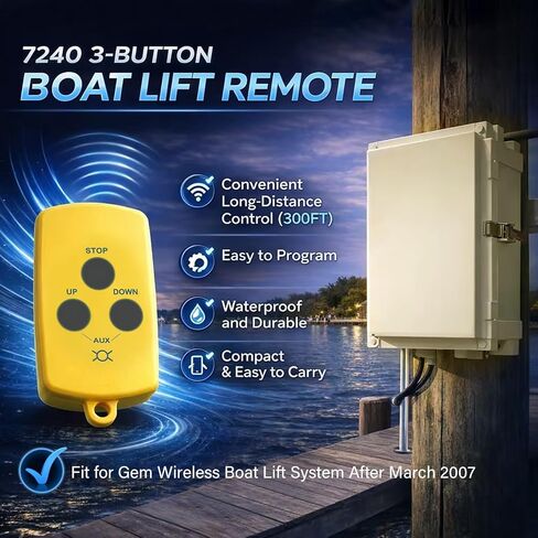 Upgraded transmitter for Boat Lifts is compatible with Gem Remotes 7240, compatible with marine lift systems manufactured in 2007 and later, waterproof and portable, three-button remote control in Saudi Arabia