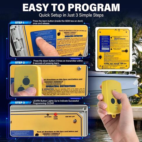 Upgraded transmitter for Boat Lifts is compatible with Gem Remotes 7240, compatible with marine lift systems manufactured in 2007 and later, waterproof and portable, three-button remote control in Saudi Arabia