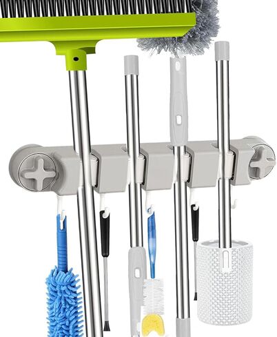 Suction Cup Mop & Broom Holder – No Drill Wall Mount with 4 Slots & 5 Hooks Heavy Duty Tool Organizer for RV Camper Bathroom & Garage in Saudi Arabia
