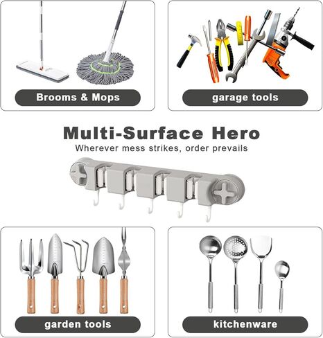 Suction Cup Mop & Broom Holder – No Drill Wall Mount with 4 Slots & 5 Hooks Heavy Duty Tool Organizer for RV Camper Bathroom & Garage in Saudi Arabia