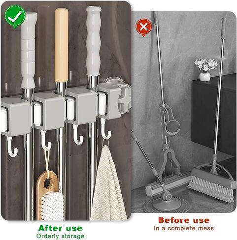 Suction Cup Mop & Broom Holder – No Drill Wall Mount with 4 Slots & 5 Hooks Heavy Duty Tool Organizer for RV Camper Bathroom & Garage in Saudi Arabia