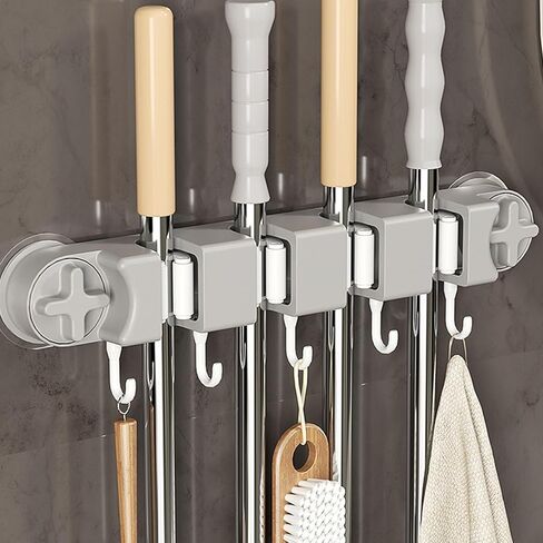 Suction Cup Mop & Broom Holder – No Drill Wall Mount with 4 Slots & 5 Hooks Heavy Duty Tool Organizer for RV Camper Bathroom & Garage in Saudi Arabia