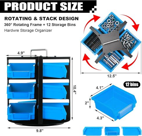 Geelin Rotating Storage Bins Tool Organizer 3 Tiers Hardware Crafts Small Parts, Nuts and Bolts, Revolving 12 Bins Storage for Workshop, Shed, Garage, Home(Blue) in Saudi Arabia