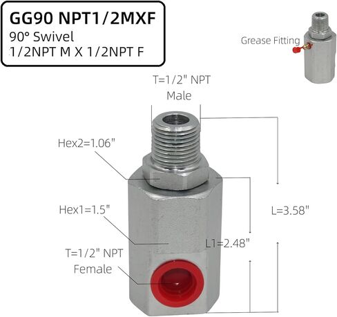 تركيب اتحاد دوار هيدروليكي للكوع GG90 1/2 بوصة MXF بكرة خرطوم شديدة التحمل مع زرك الشحوم - بديل لبكرات الخراطيم الفولاذية المنزلية والصناعية، 9SS8MP50XFP50 - Ni - AL #5124 in Kuwait