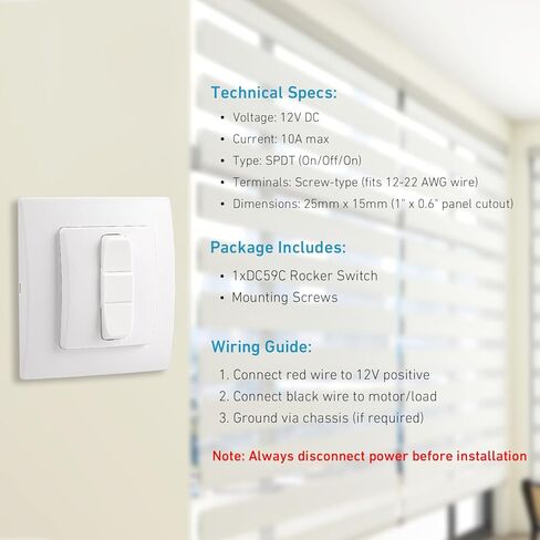 مفتاح 12 فولت للستائر الدوارة - DC59C تحكم في التشغيل/الإيقاف أحادي القطب - متوافق مع ستائر RV، ومصاريع الأسطوانة، والمظلات، والقوارب وملحقات 12 فولت - أعلى/إيقاف/أسفل in Kuwait