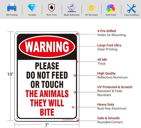 (2 Pack) Do Not Feed The Animals Sign, Do Not Touch The Animals They Will Bite Sign, 10" x 7" Rust Free Reflective Aluminum Petting Zoo Signs, Fade/Weather Resistant, UV Protected, Easy to Install in Saudi Arabia