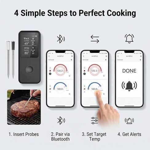 Berrcom 2.4 Inch Wireless Meat Thermometer with Dual Probes, Bluetooth Meat Thermometer with 500FT Range, 400°C Heat-Resistant Probe, Smart App with 12 Presets for Grilling BBQ Oven Smoker in Kuwait