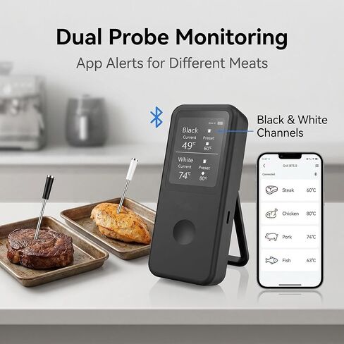 Berrcom 2.4 Inch Wireless Meat Thermometer with Dual Probes, Bluetooth Meat Thermometer with 500FT Range, 400°C Heat-Resistant Probe, Smart App with 12 Presets for Grilling BBQ Oven Smoker in Kuwait