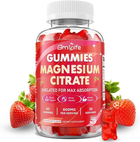 عبوتان من علكات سيترات المغنيسيوم 600 مجم للنساء والرجال، علكات مكملة للمغنيسيوم عالية الامتصاص للهدوء والاسترخاء وصحة العضلات، نباتية، نكهة الفراولة، 120 قطعة in Kuwait